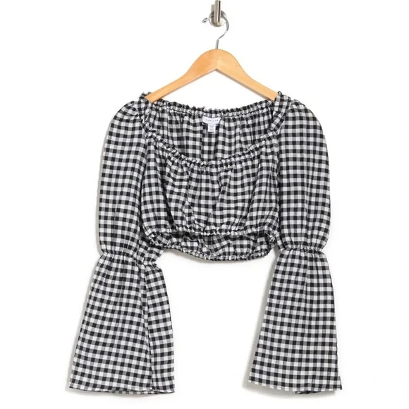 Topshop Gingham Plaid Puff Bell Sleeve Crop Top Plus Size 14 - Picture 3 of 5